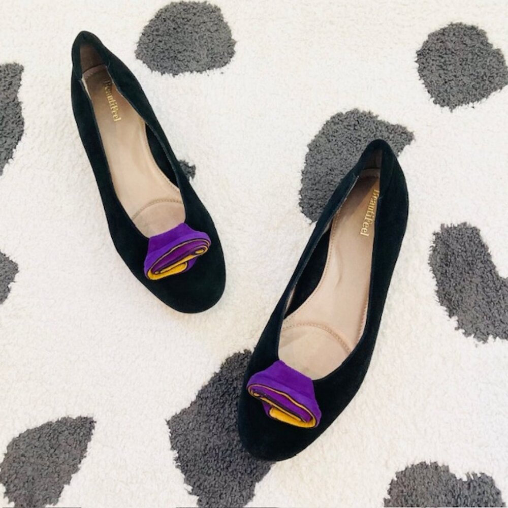 BeautiFeel $289 Womens 41 US 10-10.5 Black Purple Yellow Flower Suede Flats